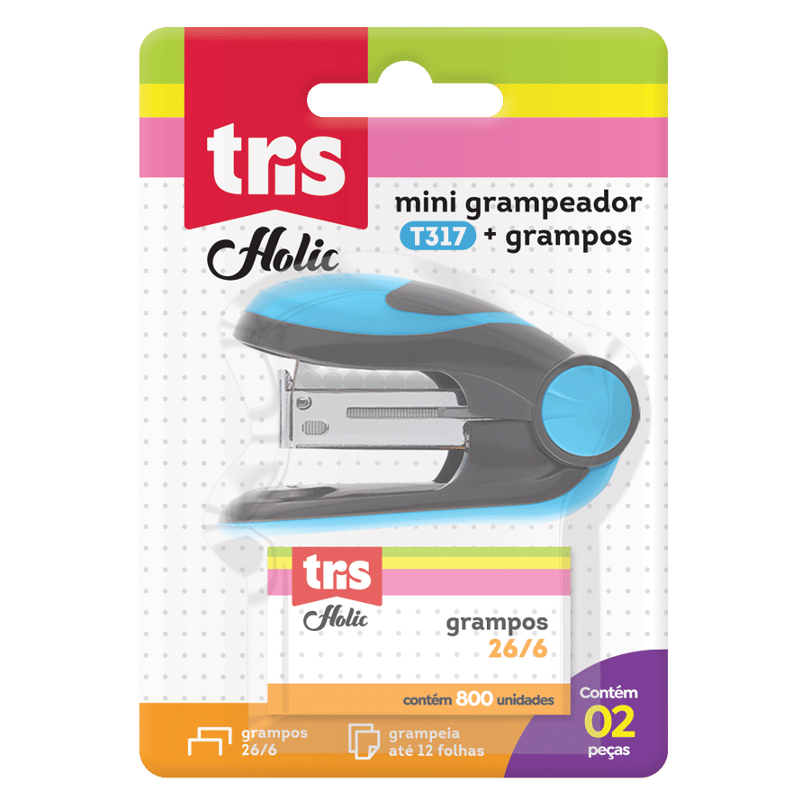Grampeador Mini Holic Pop T317 - 26/6 - 20 Folhas - Plástico - C/Grampos - Cart C/2 UN - Tris
