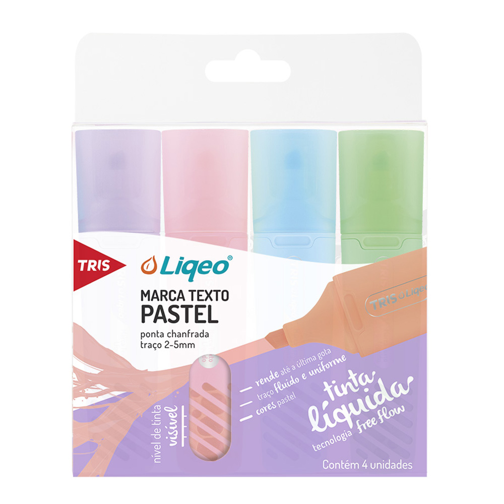 Marca Texto Liqeo Flat - Pastel - Corpo Colorido - Estojo C/4 Cores - Tris
